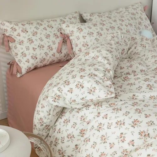 Vista 26 de MKXI Juego de ropa de cama con diseño de corbata de moño linda y rayas de flores rosas, tamaño individual, de algodón - Funda de edredón