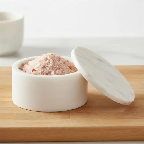 Vista 2 de Queenza Bodega de sal de mármol blanco con tapa, cuenco de sal de mármol hecho a mano de 3 pulgadas, contenedor de sal kosher, recipiente