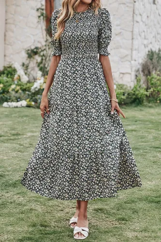Vista 29 de BTFBM Vestidos para mujer, cuello redondo, casual, de verano, con volantes, manga corta, bohemio, con niveles, fruncido, largo, con estampado floral