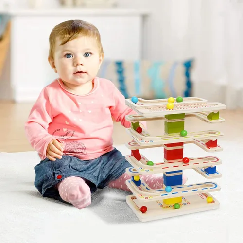 Vista 7 de Montessori - Juguete de bola de madera para niños pequeños, juguete educativo de madera para carreras de pistas de carreras, juguetes sensoriales