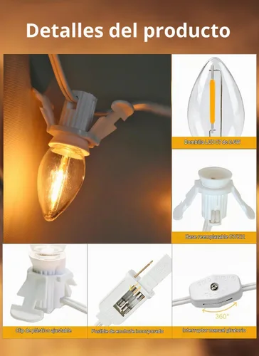 Vista 6 de Juego de 2 cables de accesorios de 6 pies con una bombilla LED, luces de cadena para interiores de molde soplado, lámpara C7 con fusible de repuesto