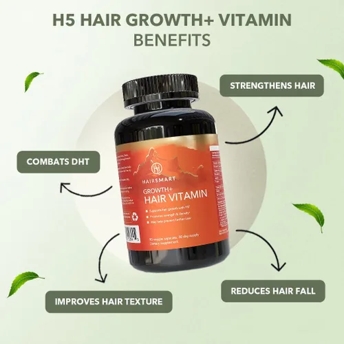 Vista 4 de H5 Grow+ Suplemento vitamínico para el cabello, biotina, hierbas ayurvédicas y 5 grupos de nutrientes para el crecimiento, densidad y fuerza