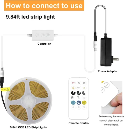 Vista 4 de AXMOTUT Tira de luces LED COB inteligentes de 9.84 pies, 24 V blanco cálido 2700 K, tiras de luz LED regulables, cinta de luz LED de alto brillo