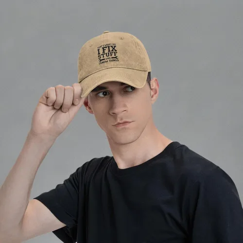 Vista 7 de Divertida gorra de béisbol con texto en inglés "I Fix Stuff and I Know Things" para hombre
