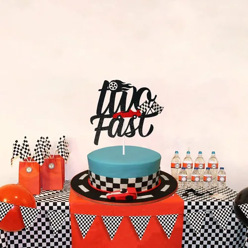 Vista 5 de Decoración para tartas con temática de carreras de 2º cumpleaños, suministros para niños y niños, cartel de bandera a cuadros de Hot Wheels