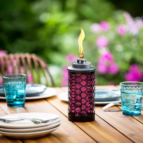 Vista 2 de TIKI Antorcha convertible de cristal de panal de abeja de 65 pulgadas, iluminación decorativa de exterior burdeos para decoración de patio, césped