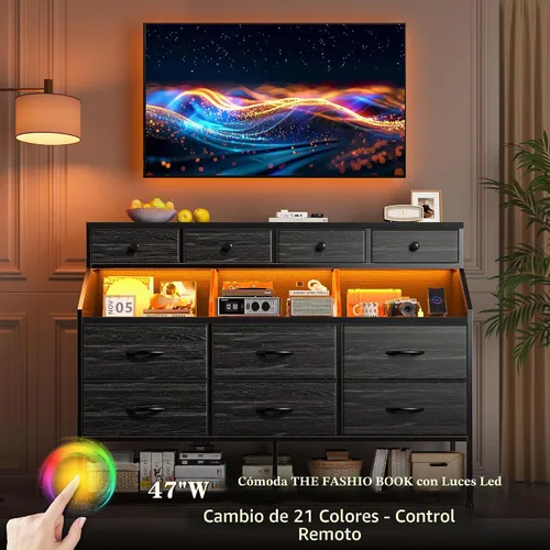 Vista 5 de EnHomee Cómoda para dormitorio con 10 cajones y zapatero de tela con luces LED y tomas de corriente, tocador de dormitorio para entrada, pasillo