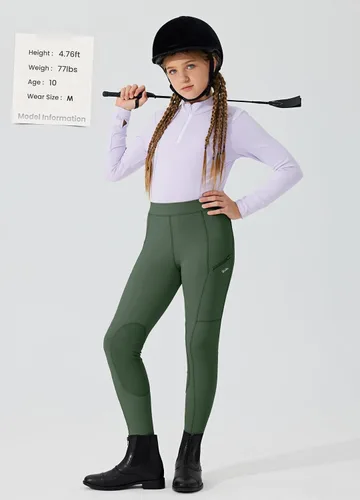 Vista 6 de Willit Pantalones de equitación para niñas, pantalones ecuestres para niños, parches de rodilla, mallas escolares con bolsillos con cremallera