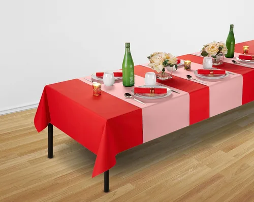 Vista 4 de Camino de mesa desechable para mesa de comedor, 16 pulgadas, paquete de 20 caminos de mesa de papel rosa similar al lino para fiestas, bodas
