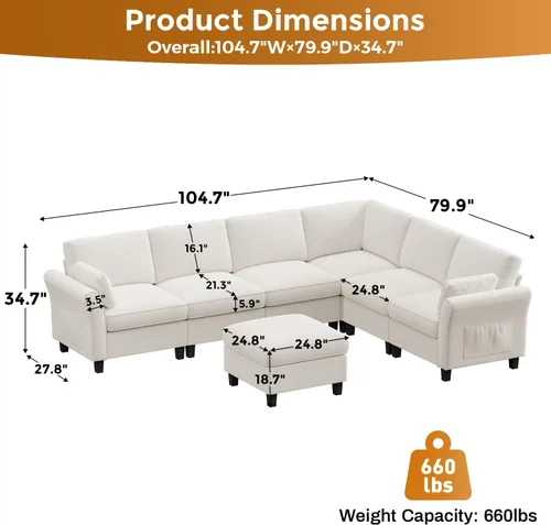 Vista 2 de Legend Vansen - Sofá modular modular reversible en forma de U con otomana, sofá de poliéster de felpa de asiento profundo con almacenamiento