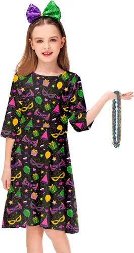 Vista 5 de Remimi Vestido de día de San Patricio para niñas, divertido vestido irlandés para vacaciones, patinadora, de 3 a 14 años