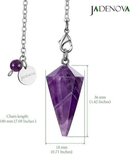 Vista 4 de JADENOVA Collar de Péndulo de Cristal Natural de Amatista Curativo para Mujeres Adivinación Radiestesia (Cristal con 2 cadenas), Gema, amatista