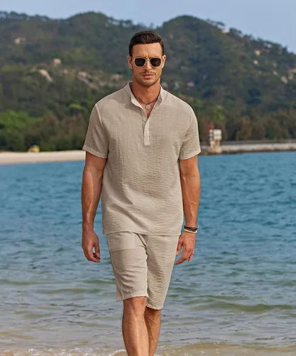 Vista 4 de COOFANDY Conjunto de 2 piezas de lino para hombre, camisas Henley casuales de manga corta, pantalones cortos de yoga para la playa, pantalones