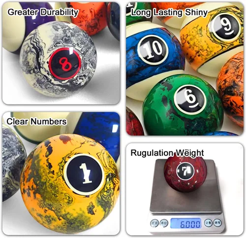 Vista 5 de Juego de bolas de billar de estilo remolino de mármol profesional de 2 1/4 pulgadas para mesa de billar, juego completo de 16 piezas de bolas