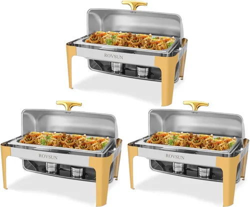 Vista 3 de ROVSUN Juego de platos de bufé con tapa enrollable de 9 cuartos de galón, con detalles dorados, de acero inoxidable rectangular para catering