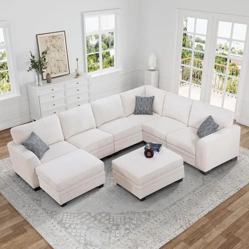 Vista 8 de Legend Vansen - Sofá modular de gran tamaño, sofá de pana en forma de U/L con otomana, asiento profundo y cojín extraíble, fácil montaje para sala
