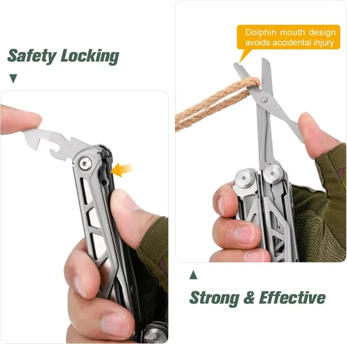 Vista 5 de FLYHOMES Cuchillo de bolsillo multiherramienta, alicates multiherramienta 16 en 1 con bloqueo de seguridad, tijeras, destornillador y sierra