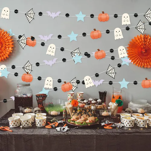 Vista 5 de MARFOREVER Guirnalda decorativa de fiesta de Halloween de 39.4 pies, paquete de 4 pancartas colgantes de calabaza fantasma pastel, guirnaldas