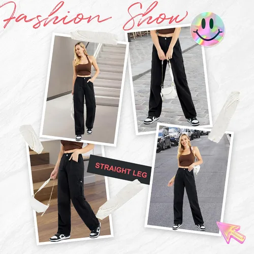 Vista 6 de Pantalones cargo de algodón para mujer, pierna ancha, casual, senderismo, militar, combate, trabajo, con 8 bolsillos