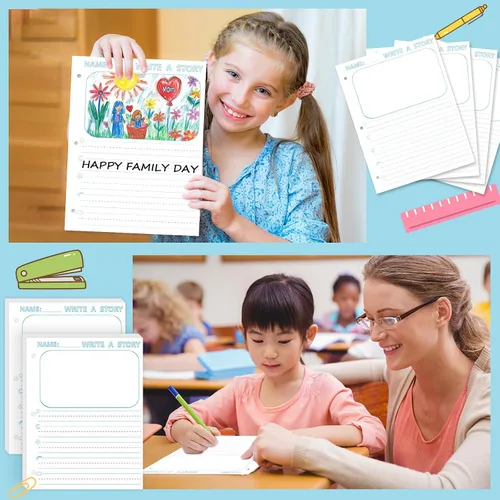 Vista 6 de 50 hojas de papel de escritura de historias de 8.5 x 11 pulgadas para niños, papel de dibujo y escritura de hojas sueltas de 3/4 pulgadas de regla