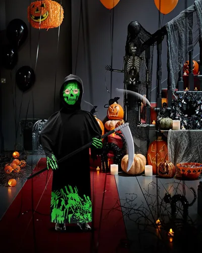 Vista 5 de Woochic Disfraz de la parca para niños, disfraces de Halloween aterradores con guadaña, disfraz que brilla en la oscuridad para niños y niñas