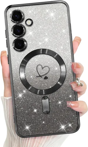 Vista 223 de Bonoma - Funda compatible con Samsung Galaxy S21 Plus, diseño de corazón con purpurina, color rosa Support for MagSafe, Plating Magnetic Case TPU