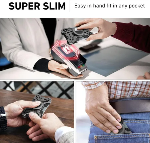 Vista 3 de Cartera táctica para hombre, cartera de metal delgada y minimalista de fibra de carbono, clip de dinero de acero inoxidable, bloqueo RFID, tarjetero