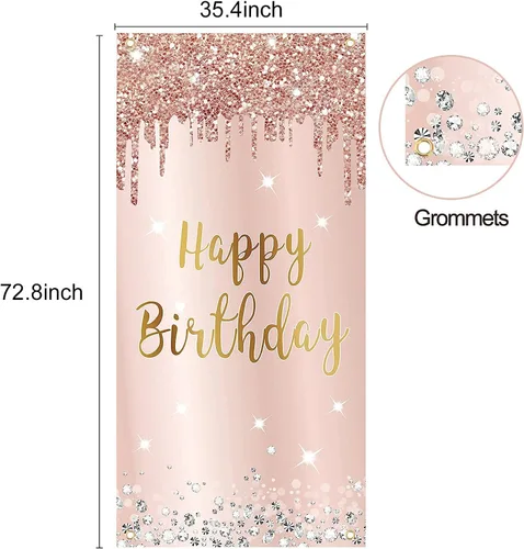 Vista 3 de Cartel de feliz cumpleaños de oro rosa rosa para mujer, pancarta de feliz cumpleaños para puerta y suministros de fiesta, grande 16, 21, 30, 40, 50