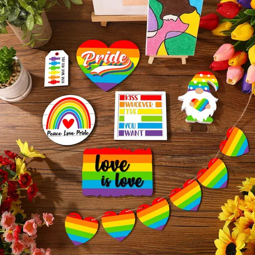 Vista 6 de FairySandy 12 piezas de decoración de bandeja escalonada del orgullo arco iris, decoración de mesa de gnomo, corazón, amor es amor, letrero
