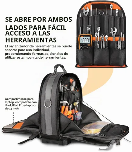 Vista 3 de Mochila de herramientas con compartimento para portátil, bolsa de herramientas completamente abierta, bolsas de herramientas HVAC, mochila