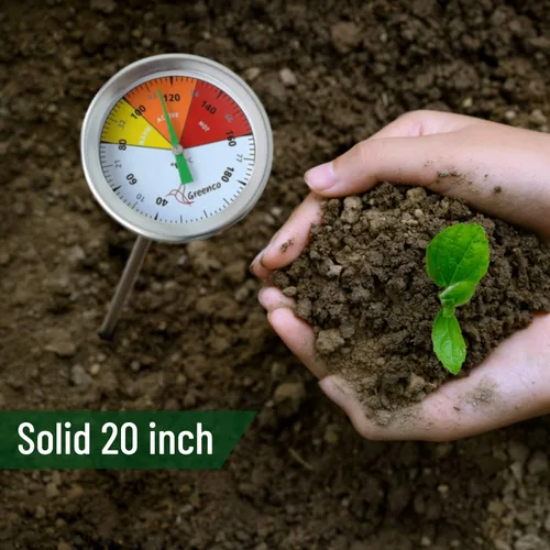 Vista 4 de Termómetro de suelo de compostaje de Greenco, acero inoxidable, esfera de temperatura Celsius y Fahrenheit, vástago de 20 pulgadas