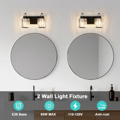 Vista 6 de Lámparas de baño negras con pantalla de cristal K9, iluminación de baño sobre espejo, luces de tocador para sala de estar, dormitorio, baño