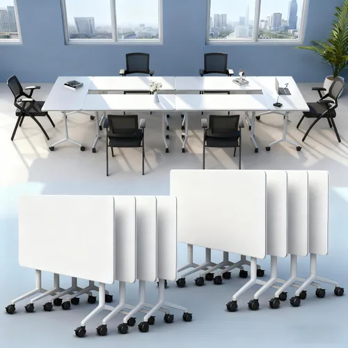 Vista 47 de Mesa de conferencias plegable con ruedas, mesa modular para sala de conferencias con 2 ojales para cables, mesas móviles de sala de reuniones
