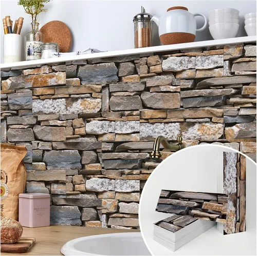 Vista 8 de TUOKING 3 Piezas Azulejos Despegar y Pegar para Salpicadero de Cocina 4"x 12" PVC Autoadhesivos Subway Mate Imitación Piedra Panel de Pared Ladrillo
