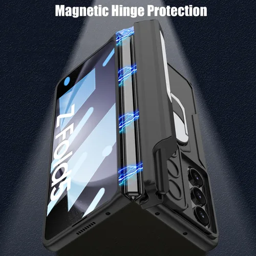 Vista 2 de Funda para Samsung Galaxy Z Fold 5 con protección magnética de bisagra, soporte de anillo y soporte para bolígrafo S, funda resistente a prueba