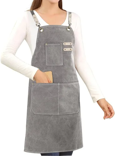 Vista 7 de Delantal de lona de algodón con espalda cruzada para pintar, jardinería, chef, barman, trabajo, impermeable, ajustable, con 3 bolsillos