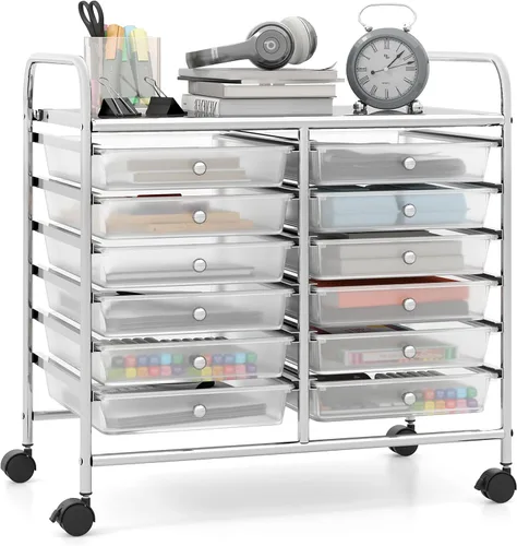 Vista 18 de Giantex Carrito con ruedas de 12 cajones, carrito de almacenamiento móvil con cajones, carrito organizador de aula para suministros escolares