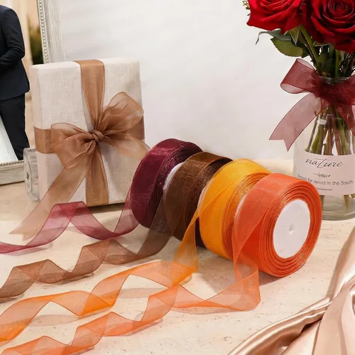 Vista 6 de Cinta de organza transparente, 1 pulgada x 125 yardas, 5 rollos de otoño para envoltura de regalos, ramos, bodas, decoración de fiestas, otoño
