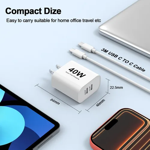 Vista 6 de Cargador rápido para iPhone 17 16 15, paquete de 2 bloques de carga rápida USB C de 40 W GaN de doble puerto con cable de carga tipo C de 10 pies