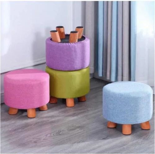 Vista 7 de Zapatero de 4 patas, taburete de madera maciza, taburete redondo de tela otomana, taburete de pie para sala de estar, sofá, reposapiés, oficina Verde