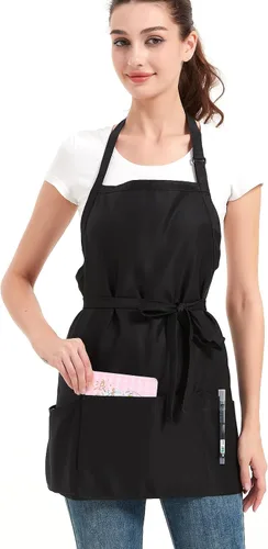 Vista 4 de Delantales para mujer con 3 bolsillos, delantal de cocina con revestimiento impermeable, delantal de chef con correa ajustable para el cuello Negro