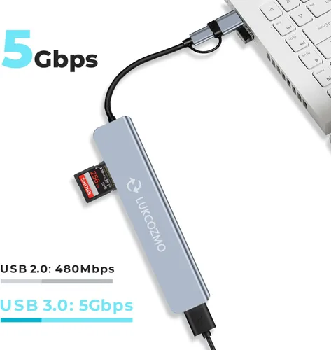 Vista 2 de LUKCOZMO Hub USB Hub USB C Divisor USB 7 en 1 Extensor USB con 4 puertos USB, 1 puerto USBC, lector de tarjetas TF/SD, salida de audio compatible