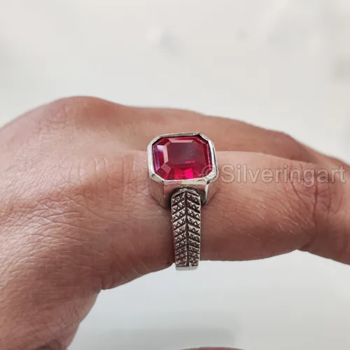 Vista 6 de Natural Ruby Ring, Ruby Mens Heavy Ring, July Birthstone, Oxidized, 925 Sterling Silver, Signet Ring, Christmas, Thanksgiving, Handmade, Statement