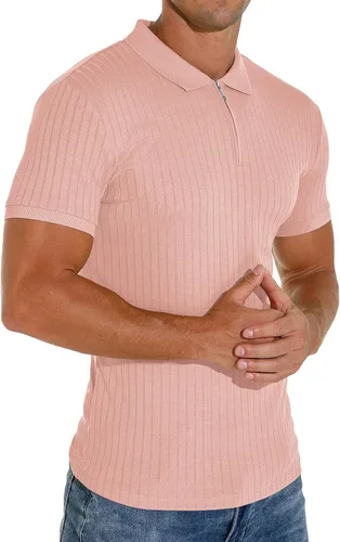 Vista 3 de Askdeer Camisas tipo polo con cremallera para hombre, ajustadas, casuales, elásticas, de punto acanalado, con cremallera