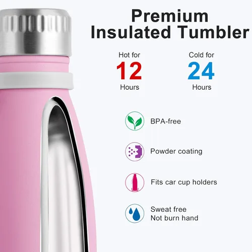 Vista 3 de koodee Botella de agua aislada al vacío de doble pared de acero inoxidable, 17 oz, prueba de fugas, con forma de botella de refresco