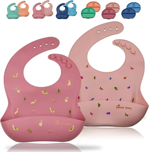 Vista 10 de Baberos de bolsillo 100% de silicona para bebés, baberos lavables impermeables, sin BPA, aptos para microondas y lavavajillas, juego de 2