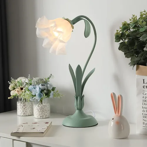 Vista 3 de Lámpara de mesa moderna regulable, lámpara de mesa de noche estilo flor verde con pantalla de cristal, lámpara de escritorio con interruptor