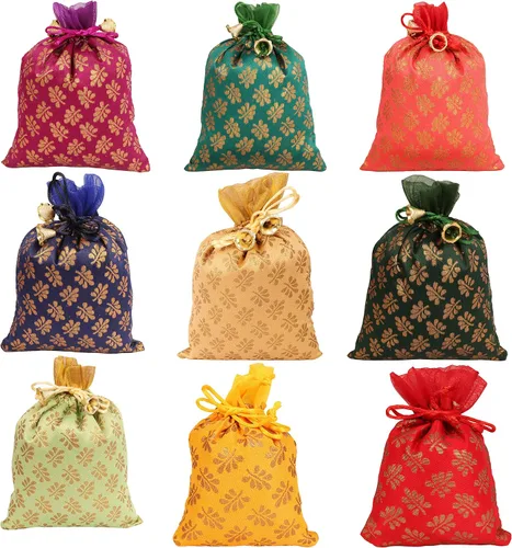 Vista 29 de Touchstone Bolsas con cordón de tela tradicional india, hechas a mano, perfectas para regalos, joyas, bodas, bolsas, bolsas, Potli, -Mimosa