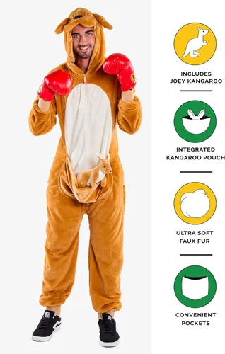 Vista 4 de Tipsy Elves Disfraz de canguro de Halloween para hombre, overol marrón para adultos, disfraz de Halloween para hombre, capucha con cremallera