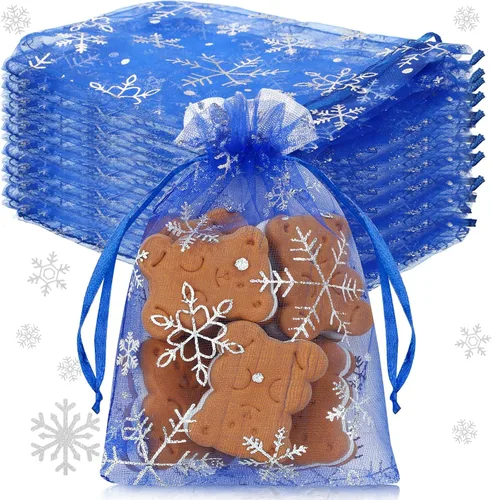 Vista 8 de Roowest 100 bolsas de regalo de organza con copos de nieve de 4 x 6 pulgadas, pequeñas bolsas de malla para joyas, mini cordón para dulces, bolsas